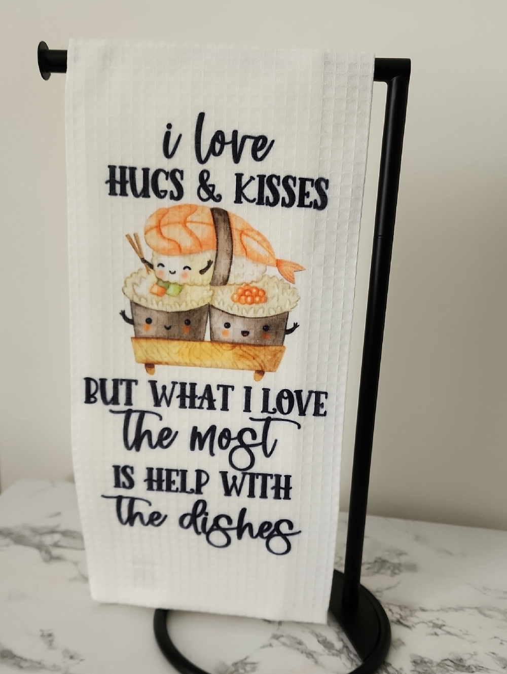 White Sushi Print Kitchen Towel - I Love Hugs & Kisses 18in X 28in